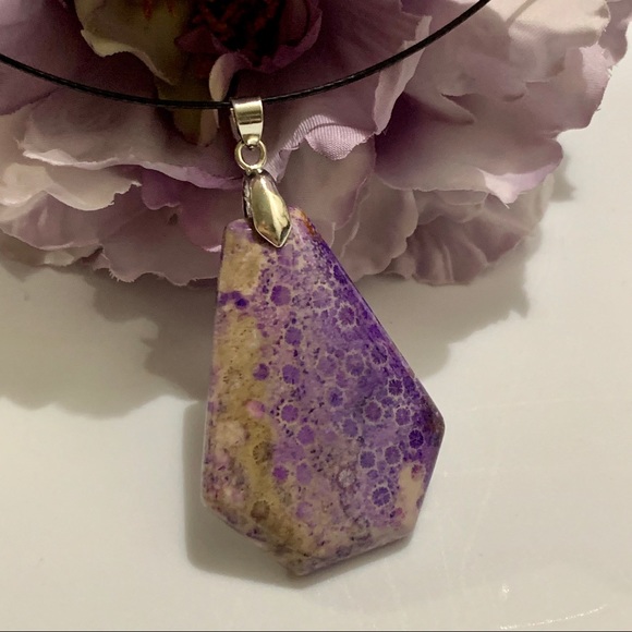 Purple Chrysanthemum Coral Fossil Shield Pendant Necklace – One of a Kind - Picture 8 of 10